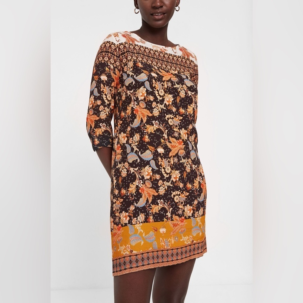 Desigugal SHORT BOHO Paula DRESS Size 42 US Large Black Multicolour 3/4 Sleeves